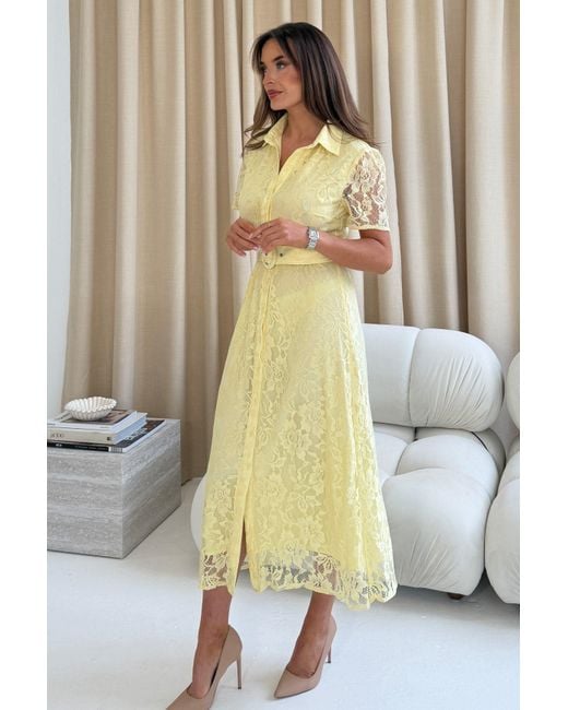 Girl In Mind Yellow Tansy Short Sleeve Lace Shirt Dress