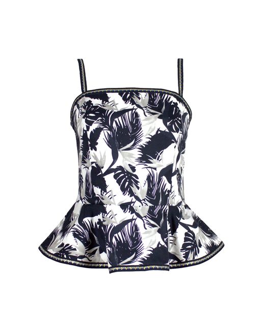 Lalipop Design Blue Palm Leaves Design Printed Peplum-Hem Bustier Top