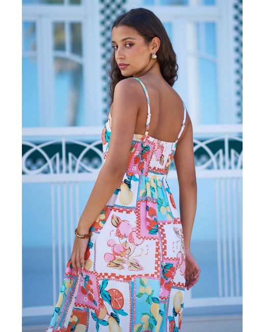Yumi' White Multicolour Fruit Print Midi Sun Dress Ruched Back