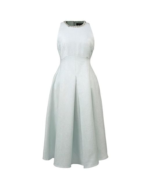 Smart and Joy Blue Fit-And-Flare Collar Trim Textured Jacquard Dress