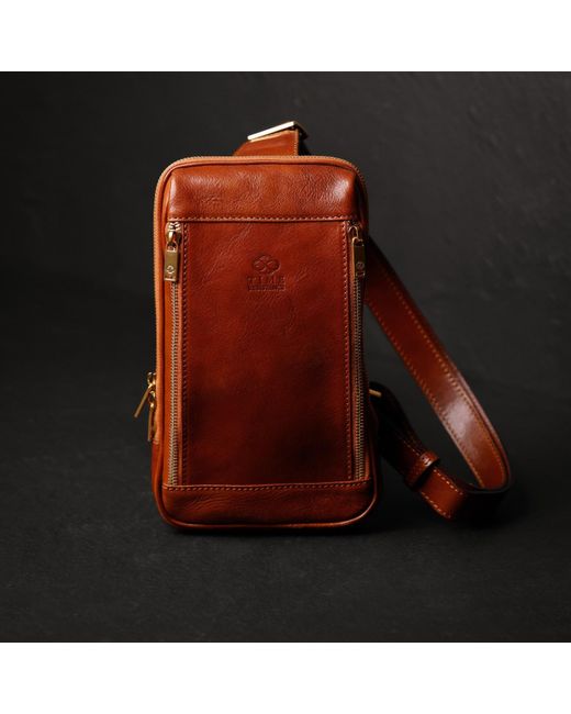 Time Resistance Brown Cognac Leather Sling Bag Chest Bag for men