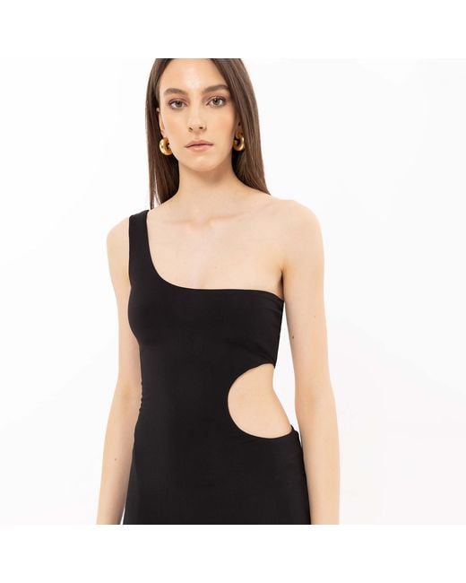 Nissa Black One-Shoulder Cut-Out Midi Dress