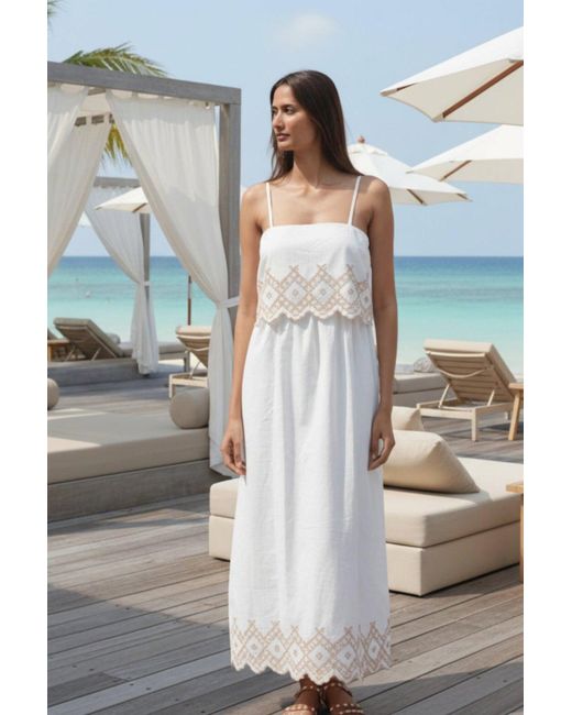 La Mandarine White Embroidered Summer Maxi Dress With Pockets Elena