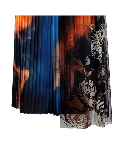 Lalipop Design Blue Pleated Midi Skirt With Asymmetric Floral Flock Tulle Overlay