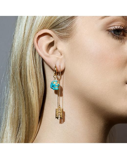 True Rocks Blue Turquoise Enamel & 18kt Gold-plated Mini Skull Charm On Gold Hoop for men