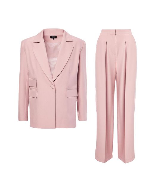 BLUZAT Pastel Pink Suit With Regular Blazer With Double Pocket And Ultra Wide Leg Trousers