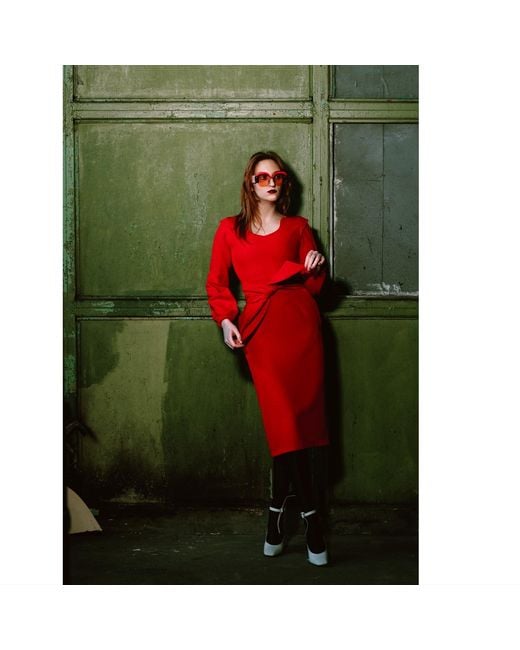 Julia Allert Red Designer Fitted Midi Dress With Belt