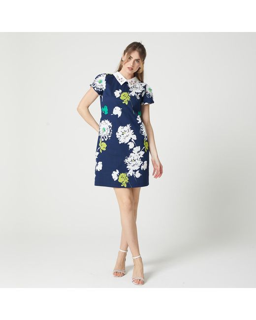 Lalipop Design Blue A-line Mini Dress With Bead Embroidered Collar