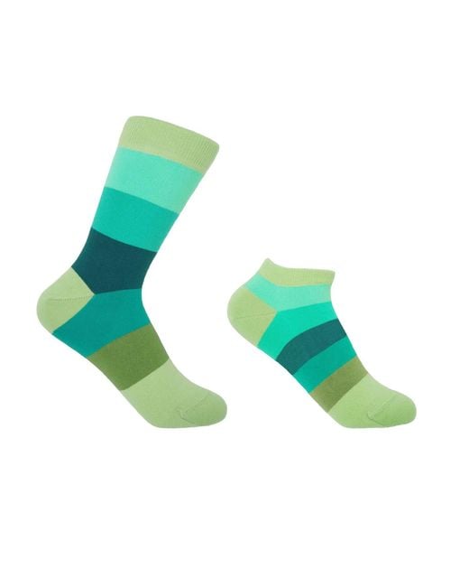Peper Harow - Made in England Green Block Stripe Earth Luxury Crew & Trainer Socks Bundle