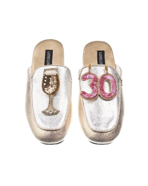 Laines London Pink Classic Mules With 30th Birthday & Glass Of Champagne Brooches