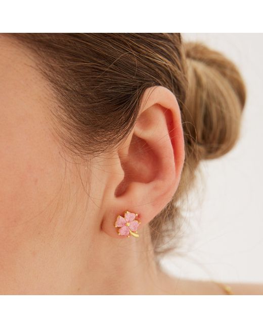 Spero London Pink Four Leaves Clover Sterling Stud Earring