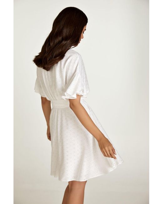 Conquista White Embroidered Dress With Ruffle Sleeves