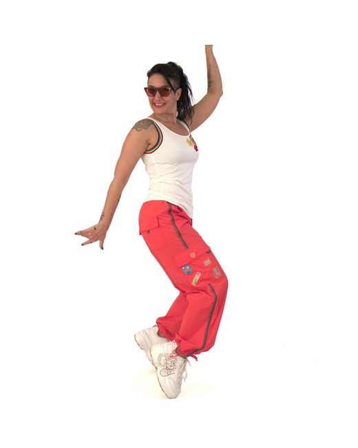 Lalipop Design Red Relaxed Fit Coral Parachute Cargo Pants