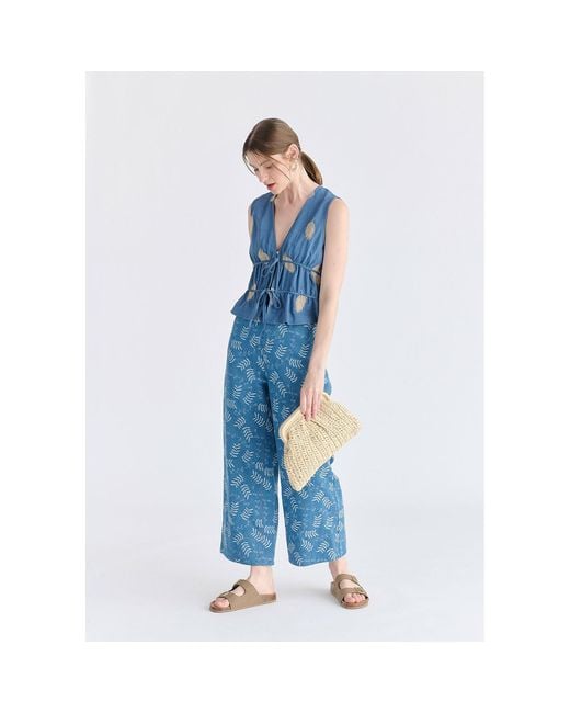 Paisie Blue Leaf Embroidered Tie Front Waistcoat