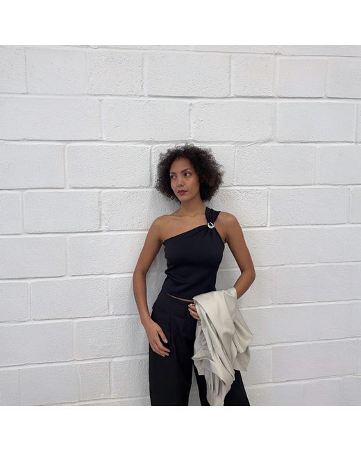 London Atelier Byproduct Black One Shoulder Top With Brooch