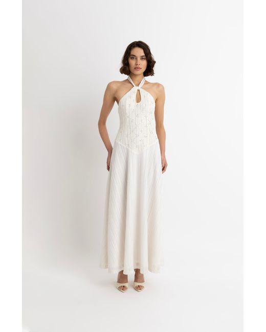 Amy Lynn White Gaia Cream Crochet Halterneck Maxi Dress