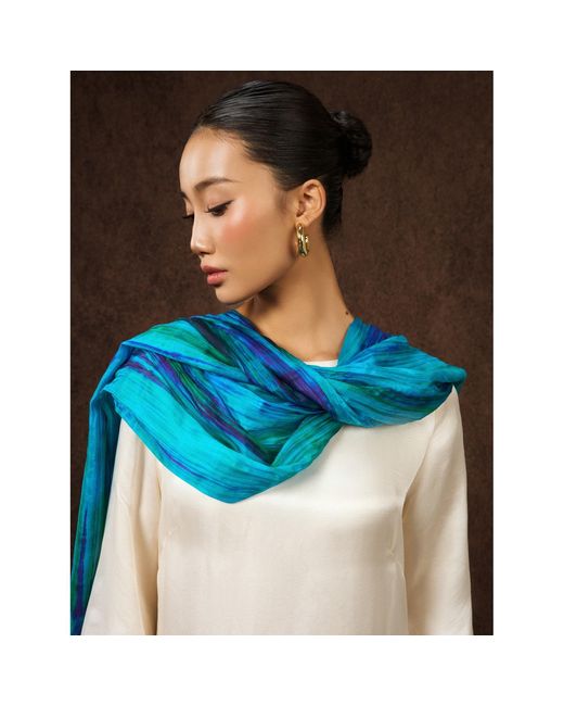 Silk and Bears Blue Emerald Brushstroke Silk Scarf – Hand-Dyed Mulberry Silk Shawl