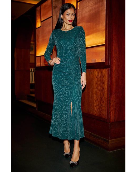 Yumi' Mesh Fitted Ruched Midi Dress With Long Sleeves in Green | Lyst Yumi' Mesh Fitted Ruched Midi Dress With Long Sleeves in Green | Lyst