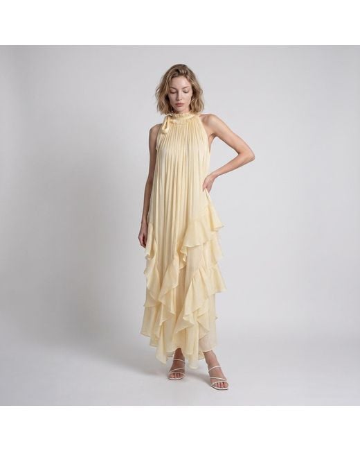 Modenaire Metallic Halter Neck Maxi Dress With Ruffle Layers And Waist Tie