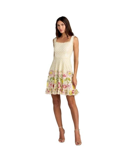 Mac Duggal White Neutrals Floral Sequin Square Neck Mini Dress