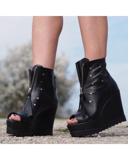 Adrenaline Fashion Black Summer Leather Wedge Boots – Handmade Genuine Leather Open Toe Ankle Boots With Front Zipper