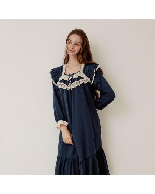 Luna Luz Blue Helen Cotton Square-Neck Long-Sleeve Nightdress