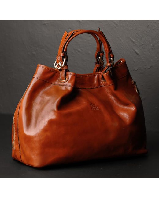 Time Resistance Brown Cognac Leather Tote Bag For