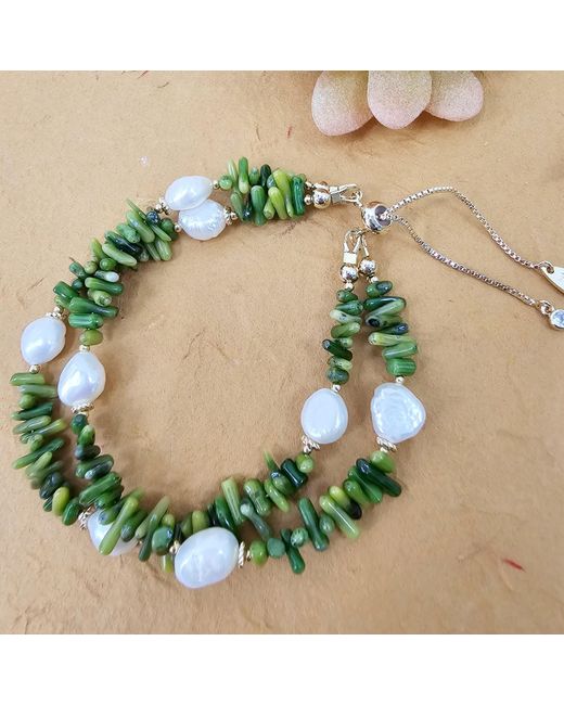Farra Green Bamboo Coral With Freshwater Pearls Double Layers Bracelet