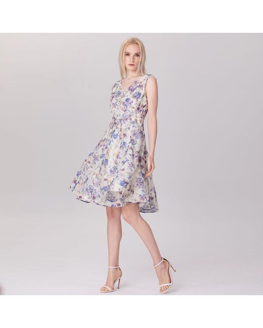 Smart and Joy Multicolor Neutrals Flower Print Sleeveless Tea Organza Dress