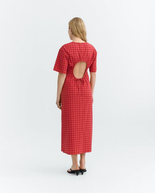 Thinking Mu Red Seersucker Long Dress With Back Opening Kina