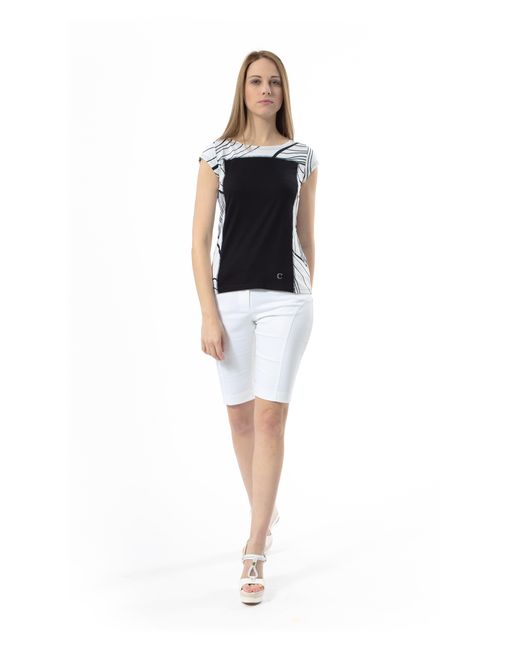 Conquista Black Two-Tone Cap Sleeve Print Top
