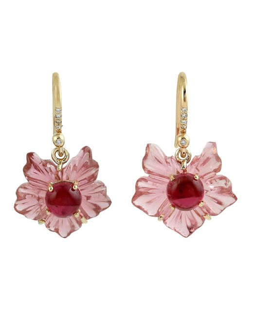 Artisan Red Carved Tourmaline Flower Earrings With Diamond