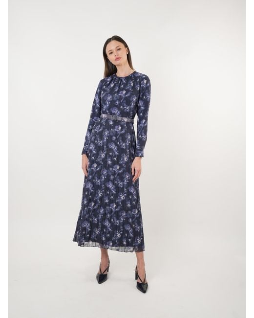 John Abgin Blue Chiffon Floral Textured Pleated Maxi Dress