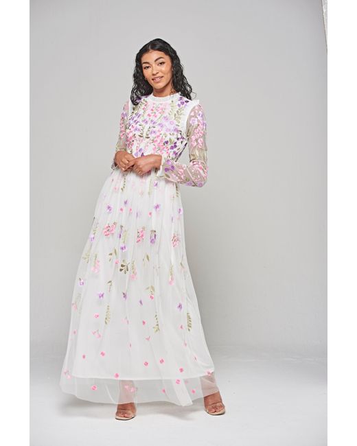 Frock and Frill White Lorea Floral Embroidered Maxi Dress