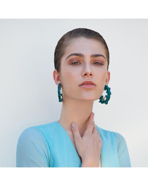 Gissa Bicalho Green Acrylic Handmade Hoops Pearl Coral Marbled