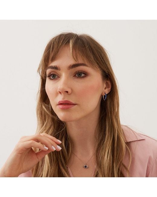 Spero London Blue Enamel Fine Stripe Sterling Hoop Earrings With Multi Color Zirconia Interior