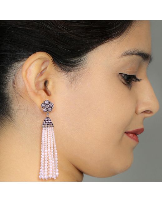 Artisan Pink 18k Gold & 925 Silver In Pave Diamond With Pearl Flower Beaded Tassel Dangle Earrings