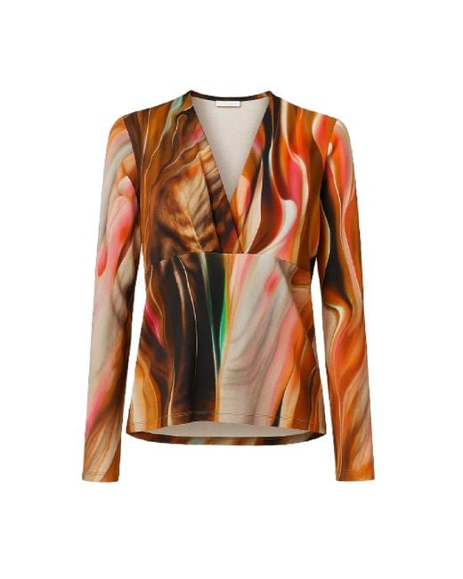 Conquista Orange Abstract Marbled Print V-Neck Long-Sleeve Top