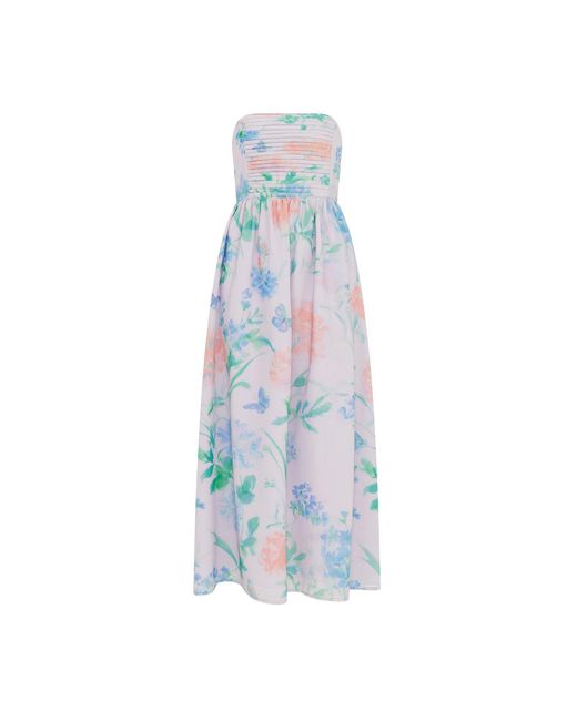 Sour Figs Blue Watercolour Wildflower Strapless Maxi Dress