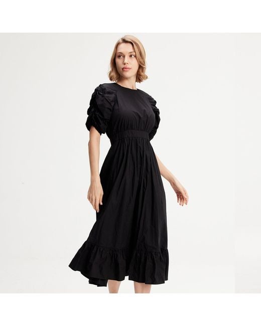 Smart and Joy Black Trapeze Dress With Puffed Sleeves