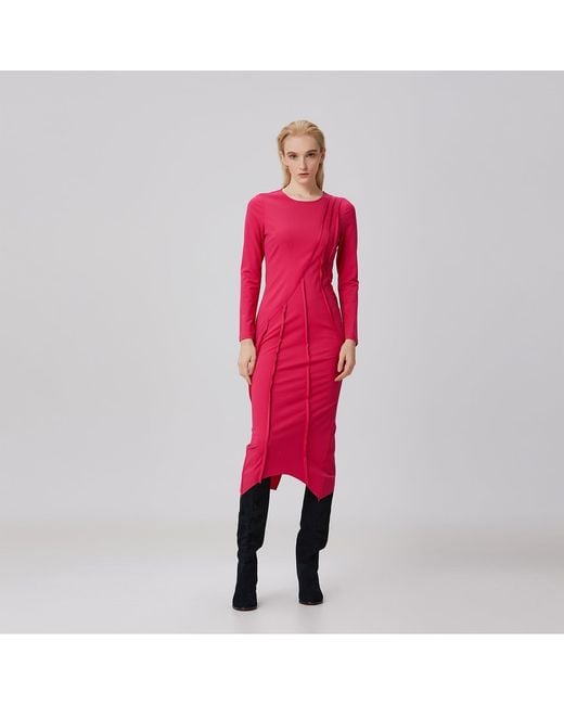 Smart and Joy Red Asymmetric Structural Lines Dress