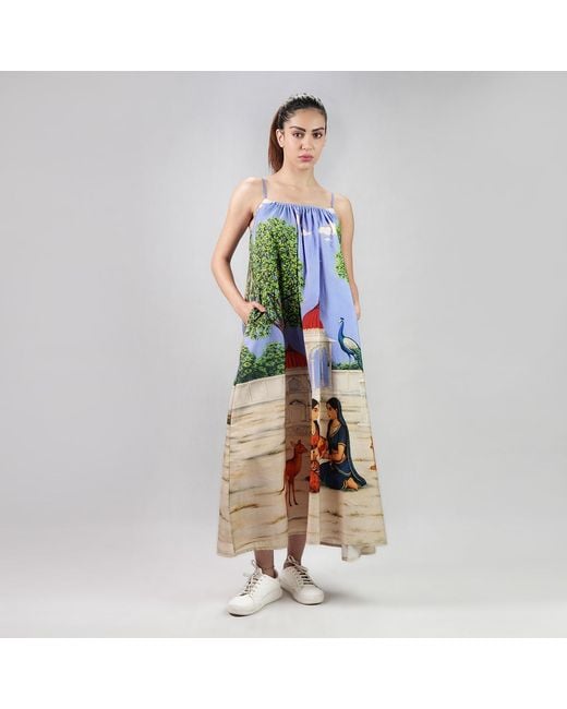 DHARA SHETH DUBAI Blue Saanjh Heritage Art Print Spaghetti Strap Cotton Maxi Dress