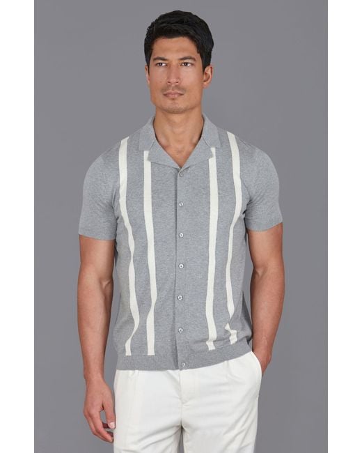 Paul James Knitwear Gray Ultra Fine Cotton Delgado Cuban Collar Striped Shirt for men