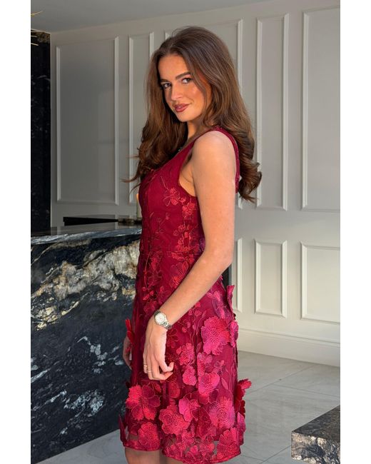 Girl In Mind Red Celeste Floral Square Neck Mini Dress Berry