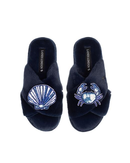 Laines London Blue Classic Laines Slippers With Mediterranean Shell & Crab Brooches