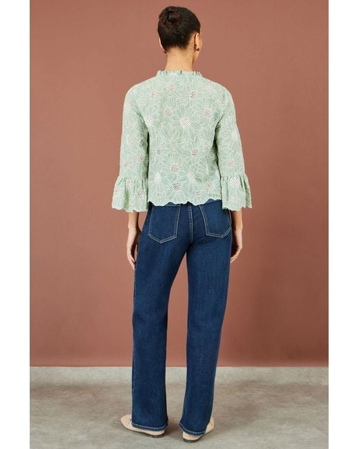Yumi' Green Daisy Broderie Shirt With Fluted Sleeves