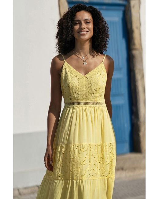 Yumi' Yellow Butter Cotton Lace Trim Midi Dress