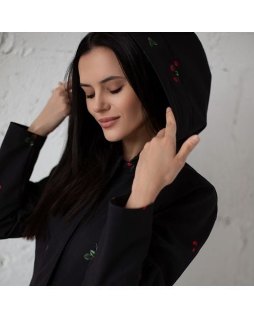 RainSisters Black Waterproof Coat With Strawberry Print: Wild Strawberry