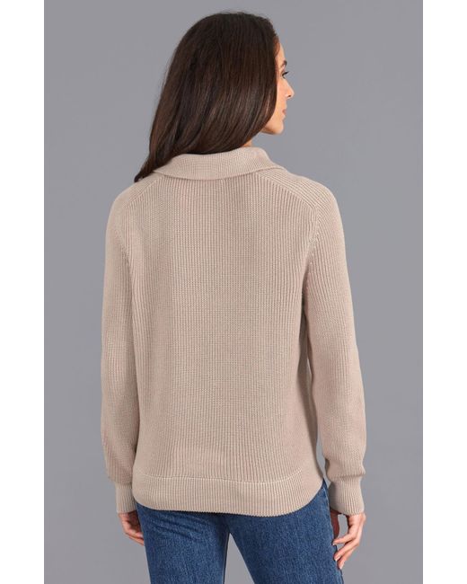 Paul James Knitwear Gray Neutrals Midweight Cotton Caitlyn Troyer Zip Neck Ribbed Jumper