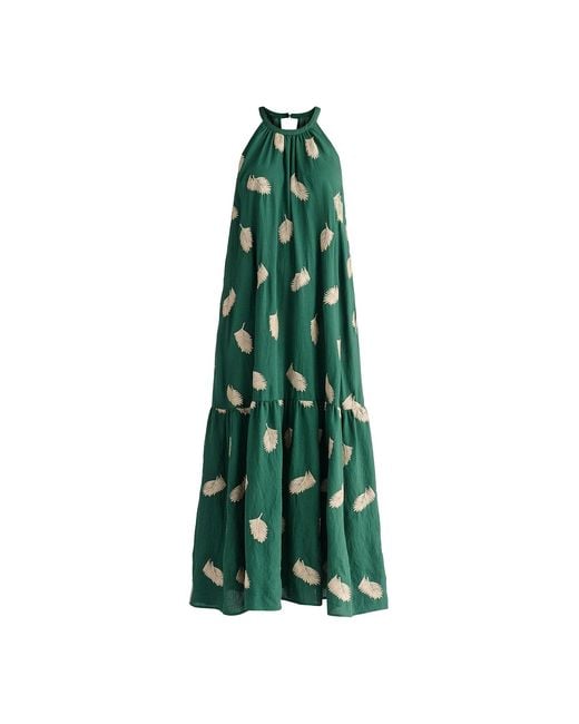 Paisie Green Leaf Embroidered Halterneck Maxi Dress
